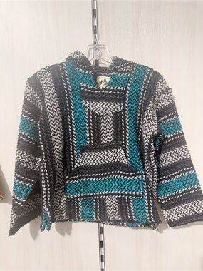 Kids Boho Hoodie Poncho in Black, White & Teal